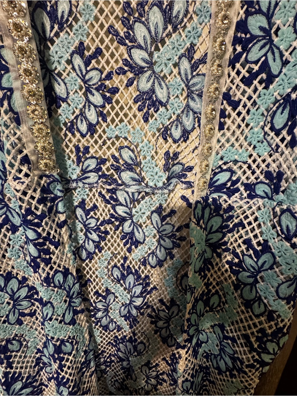 Boston Proper Guipure Crochet Duster Cardigan Blue White Embellished Women’s L - Picture 6 of 16